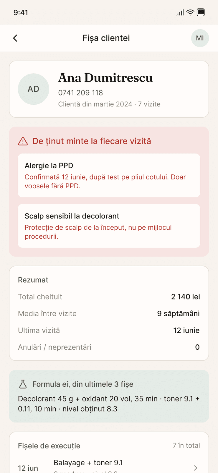 Fișa clientei